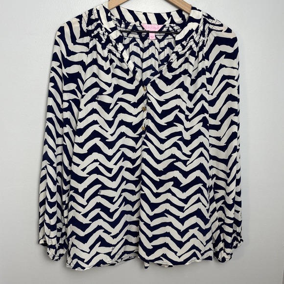 Lilly Pulitzer Womens S Elsa Silk Top Blouse Navy Blue White Chevron Zebra Print - Picture 1 of 14